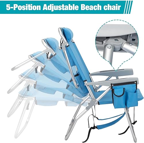 Miniatura 4 de Silla de playa plegable alta con toallero, 5 posiciones ajustables, toallero, enfriador y bolsa de almacenamiento, portavasos y soporte para