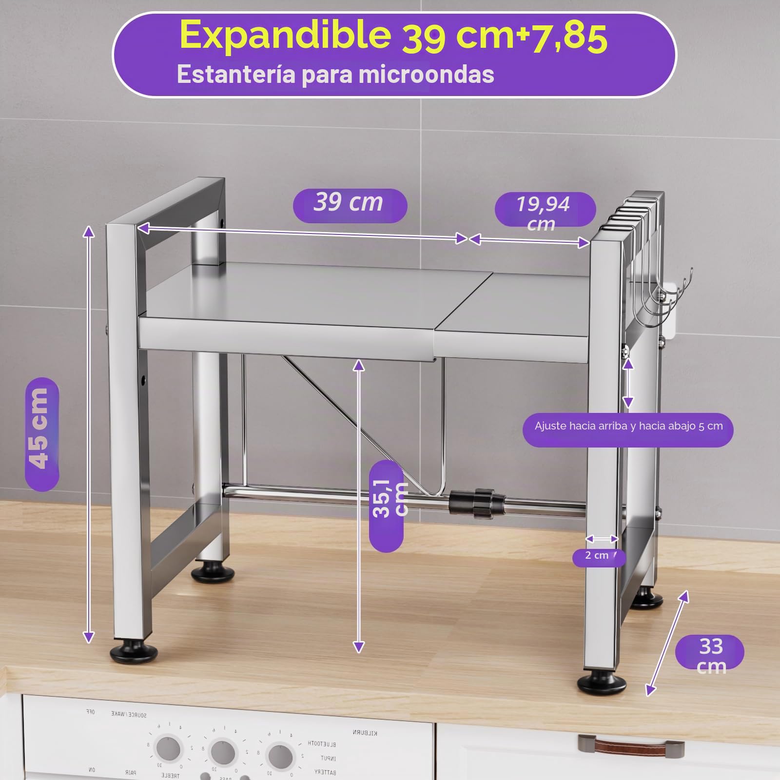 Estante extensible para horno de microondas, estante ajustable sobre microondas, soporte de encimera de acero inoxidable de 2 niveles con 4 ganchos para utensilios de cocina, almacenamiento de