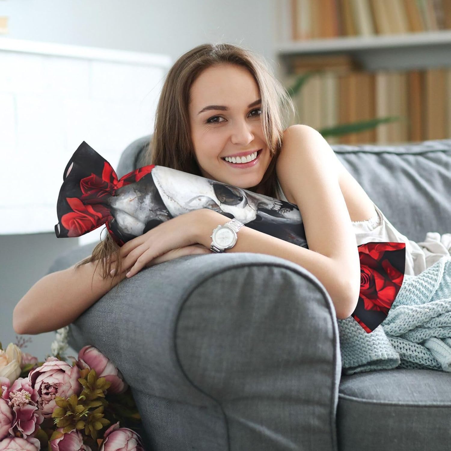 Skull and Red Rose Print Candy Cylindrical Comfortable Pillow Throw Pillows Home Decor Easy Maintenance