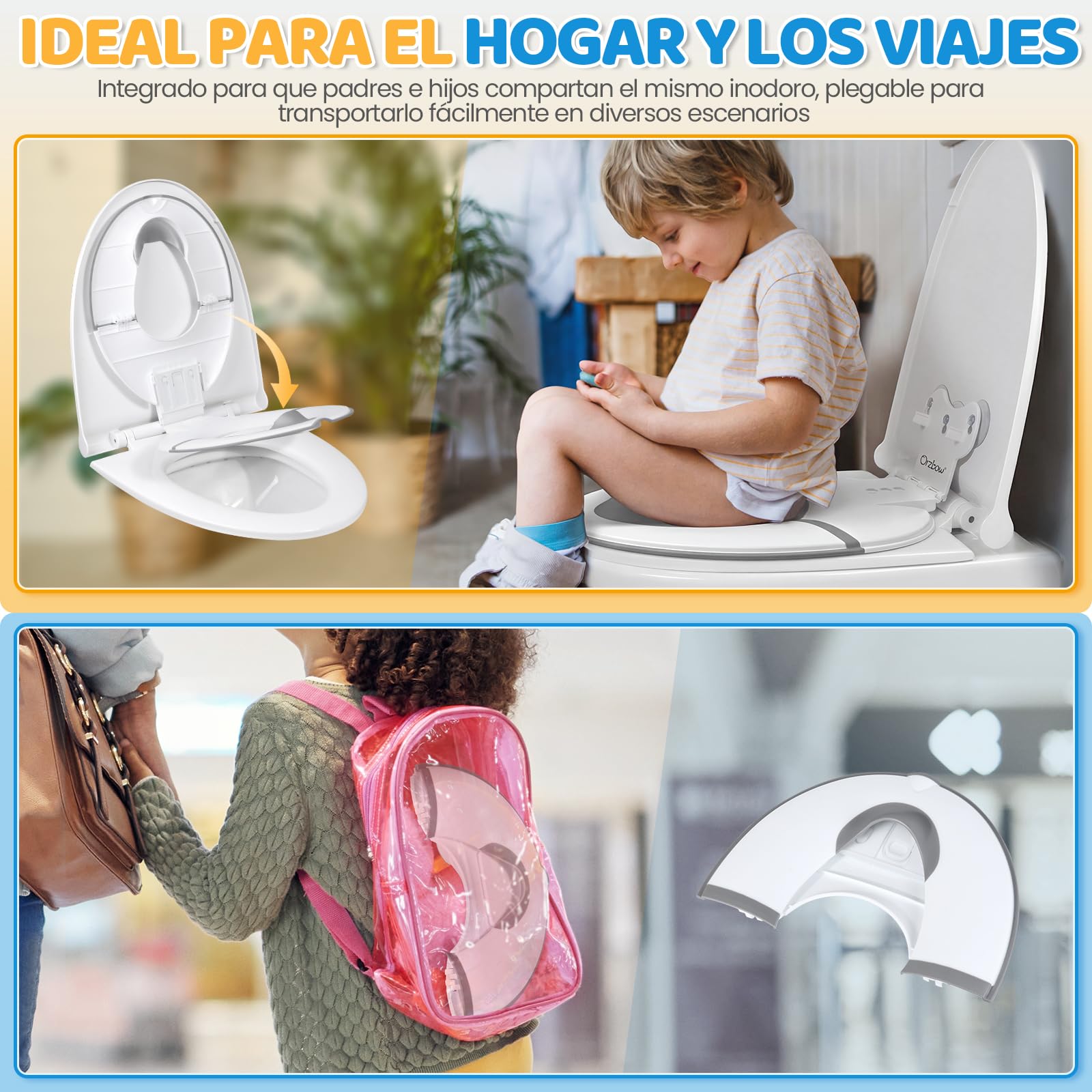 Orzbow Plegable Adaptador Wc Niños, Portatil Reductor Wc Niños con Barrera de Orina de Goma Blanda, Universal Adaptador Baño para Niños con Ventosa, Longitud Ajustable, Fácil de Instalar, Blanco