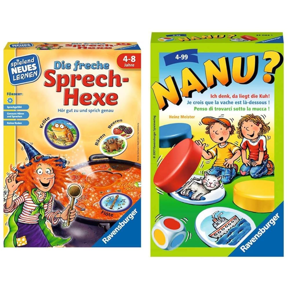 Ravensburger 24944 - Die freche Sprech-Hexe - Spielen und Lernen für Kinder & 23063 - Nanu? Mitbringspiel für 2-4 Spieler, Merkspiel ab 4 Jahren, kompaktes Format, Reisespiel, Würfelspiel