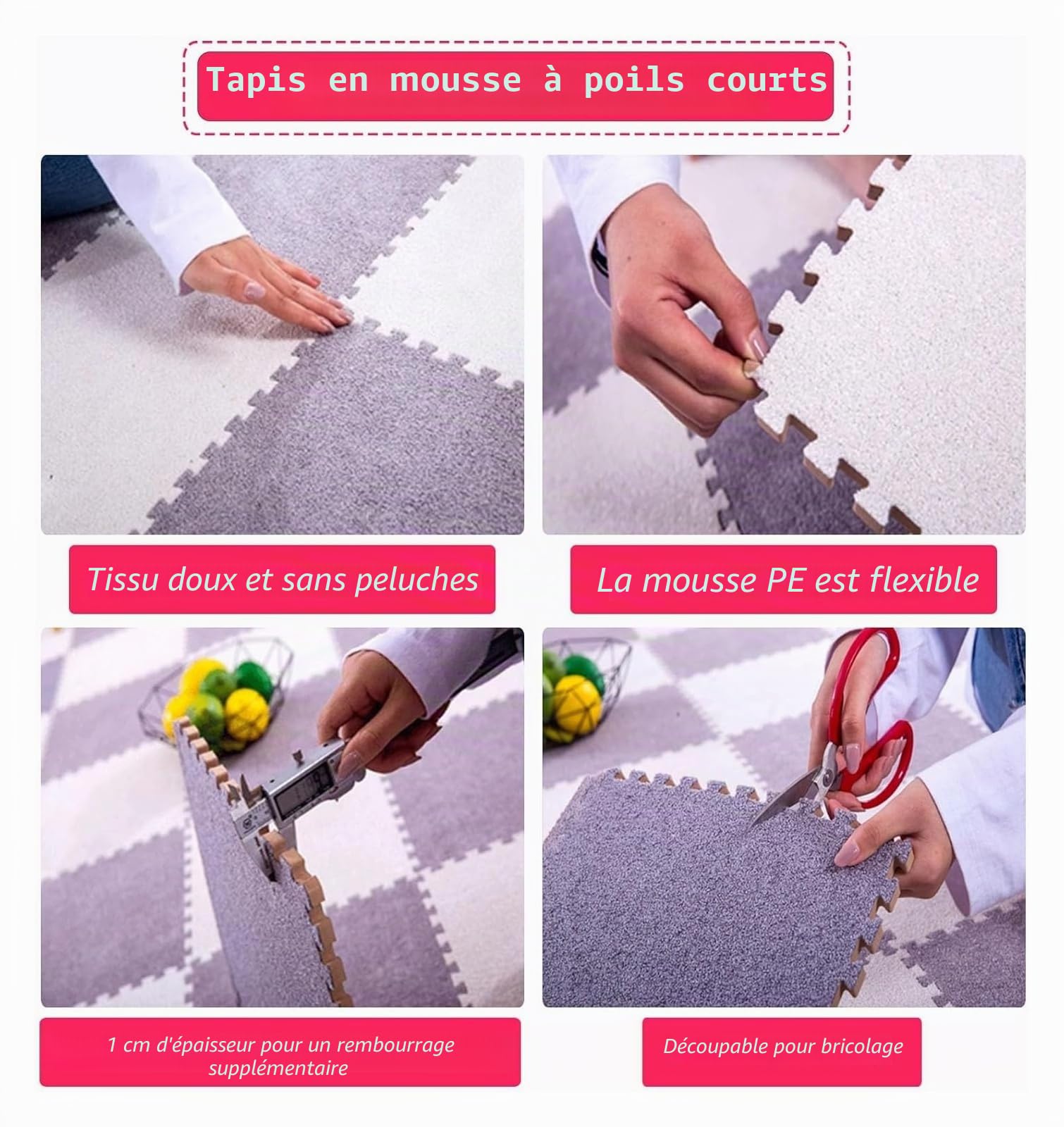 Lot de 10 Tapis de Sol Puzzle carrés 30 x 30 cm, en Peluche Courte, à emboîter, épais, avec Bordure, for décoration d'intérieur(Beige)