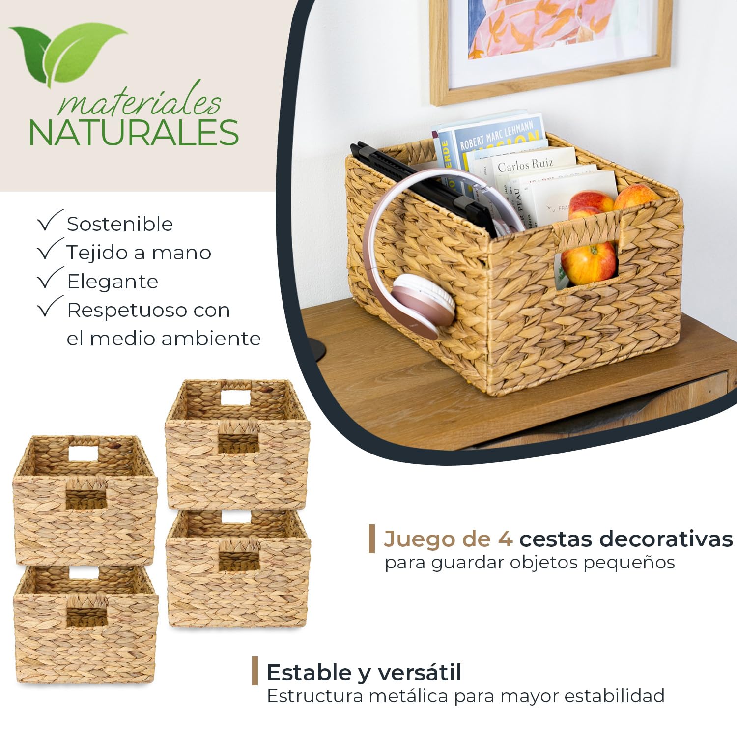 HMF Cesta de almacenaje trenzada organizadora de jacinto de agua, cesta decorativa con asas para baño, cocina, salón y estantería | Juego de 4 | Tamaño L | 36 x 28 x 20 cm | Natural