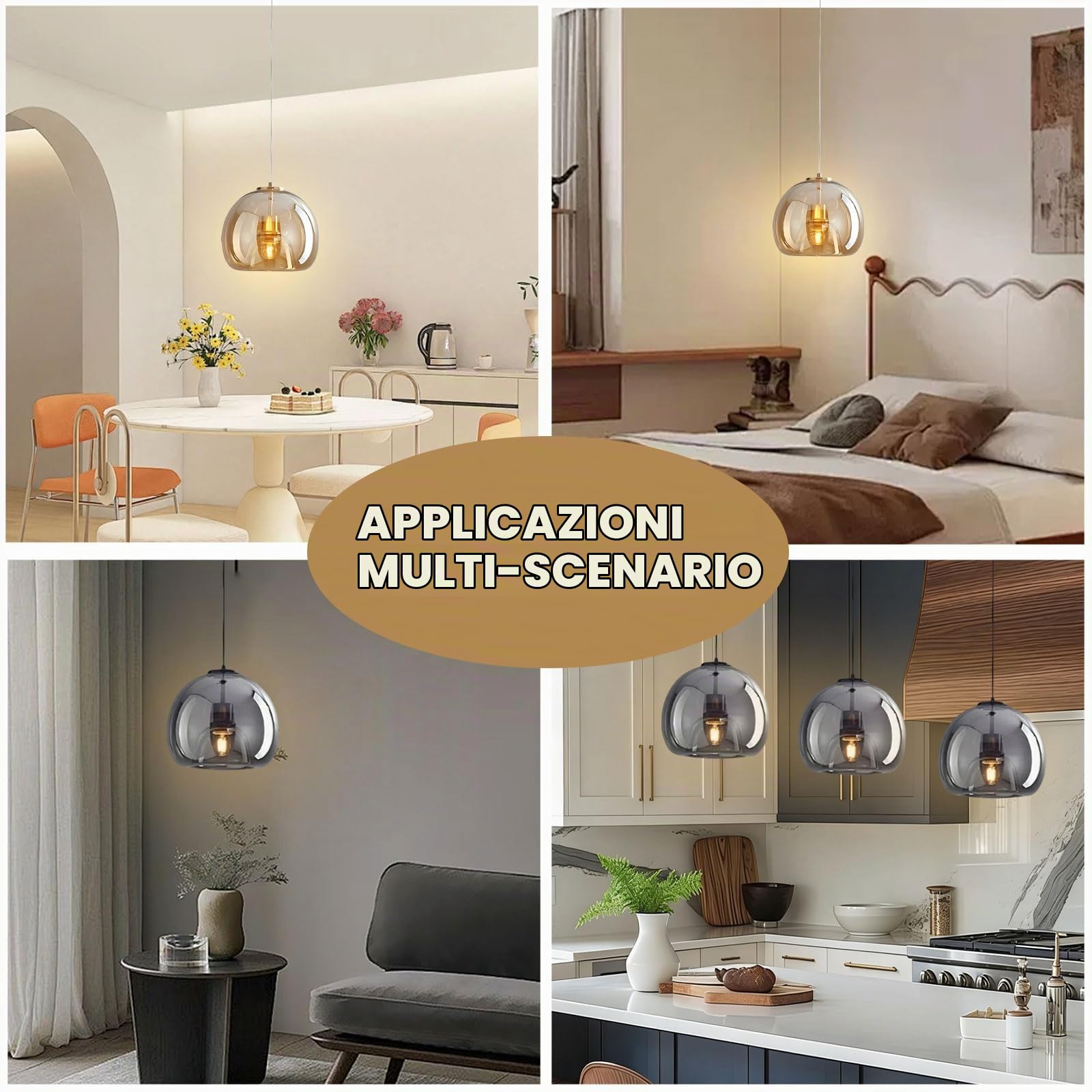 Lampadario moderno in vetro grigio fumé/ambra, lampade a sospensione in ferro da 9 pollici, illuminazione a sospensione regolabile in altezza per camera da letto Isola cucina Sala da pranzo Soggiorno