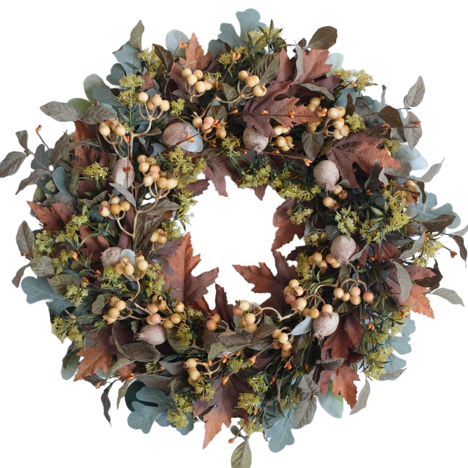CIR OASES 24-inch Fall Front Door Wreath Handcrafted Brown Green Maple Leaf White Fruit Wreath Courtyard Farmhouse Fireplace Window Decoration Thanksgiving Halloween Party Office Decoration