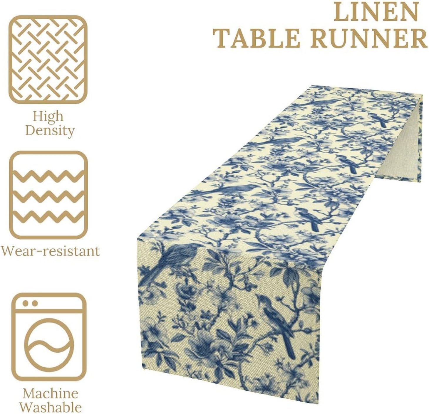 Vintage Bird Table Runner, Blue White Chinoiserie Floral Bird Retro Traditional Toile de Jouy Decor Table Runner for Kitchen Dining Outdoor Indoor Home Party, 13x120 Inch