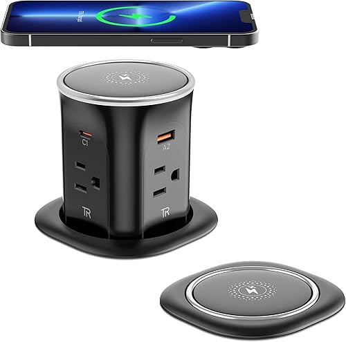 Jgstkcity Toma de corriente desplegable para encimera con cargador inalámbrico de 15 W, puertos USB C de 20 W, resistente a manipulaciones,