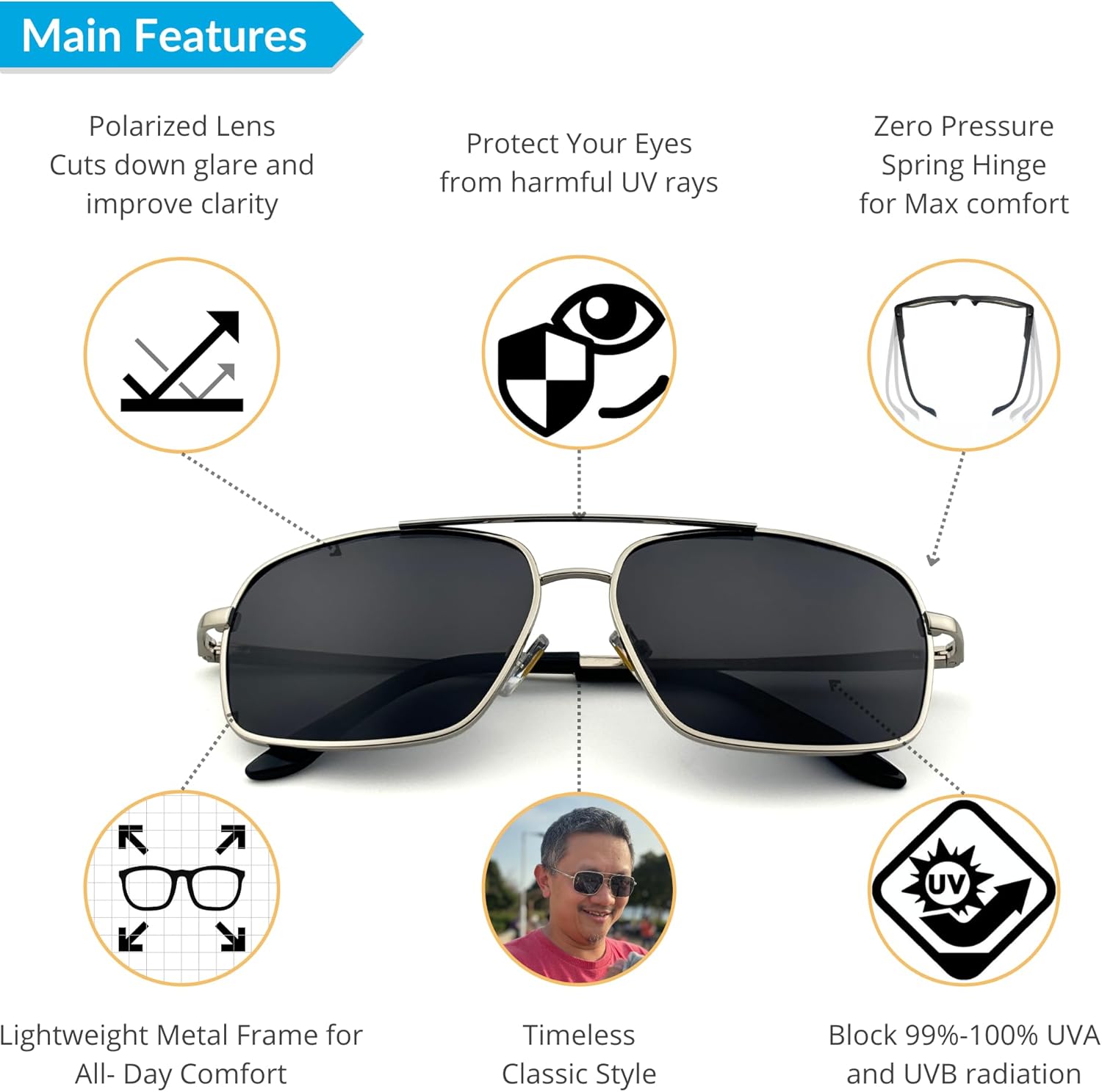 J+S Rua Retro Rectangle Aviator Polarized Sunglasses for Men | Metal Spring Hinge | Polarized 100% UV 400 | Medium-Large Fit - Image 2