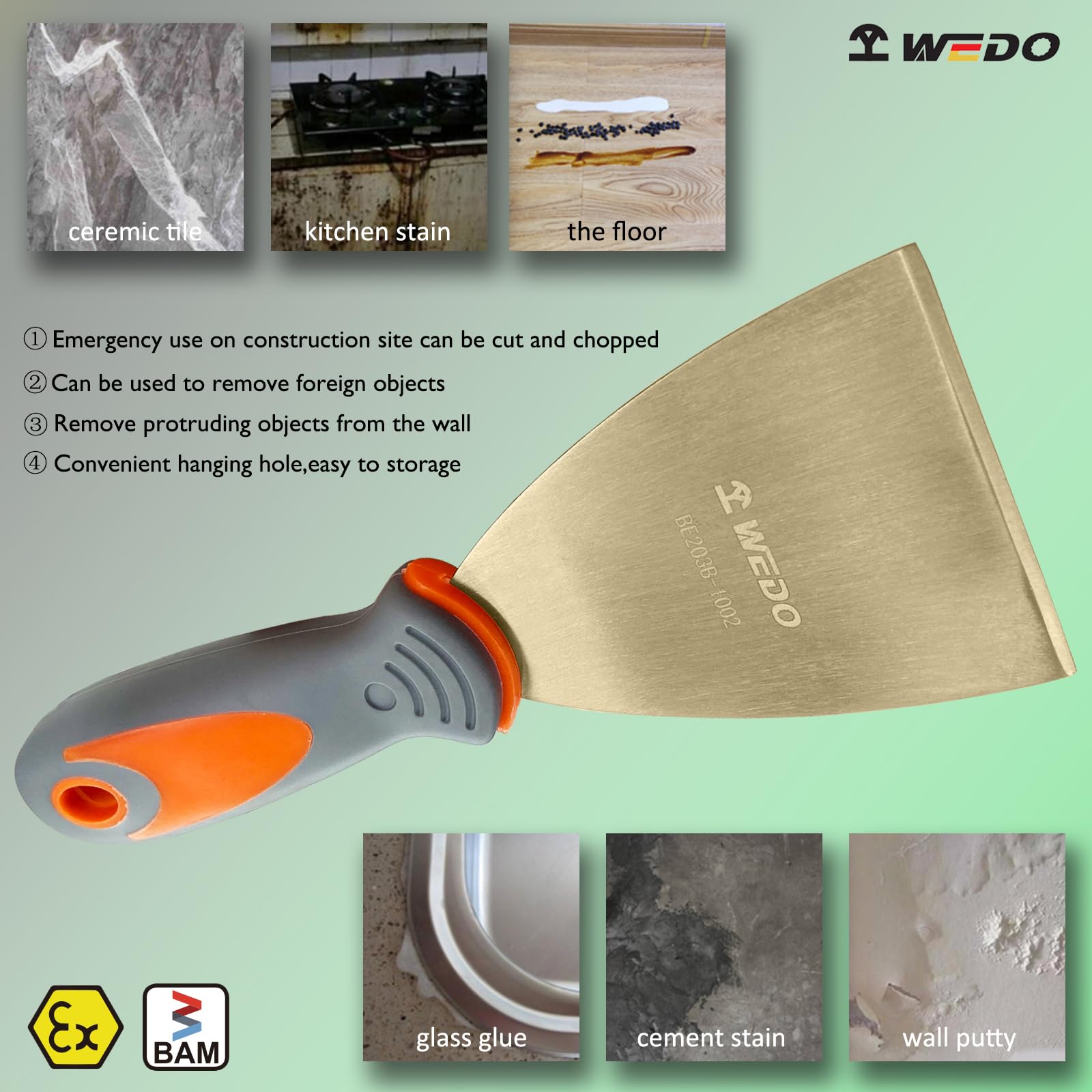 WEDO Spachtel,Nicht funkelnd Malerspachtel mit Fiberglas-Stiel, 150mm breit,aluminium bronze,Schaber Palettenmesser Kratze,Korrosionsschutz,Universalspachtel,BAM/FM-Zertifikat