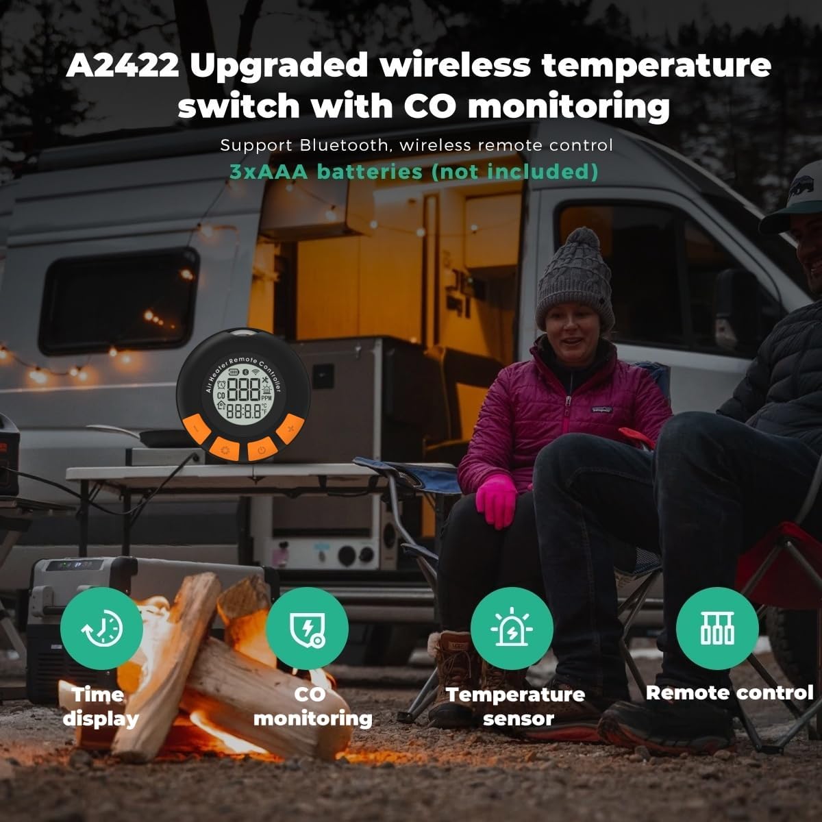 Close-up of the A2422 wireless temperature switch with CO monitoring, displaying time, CO levels, temperature, and remote control functions.