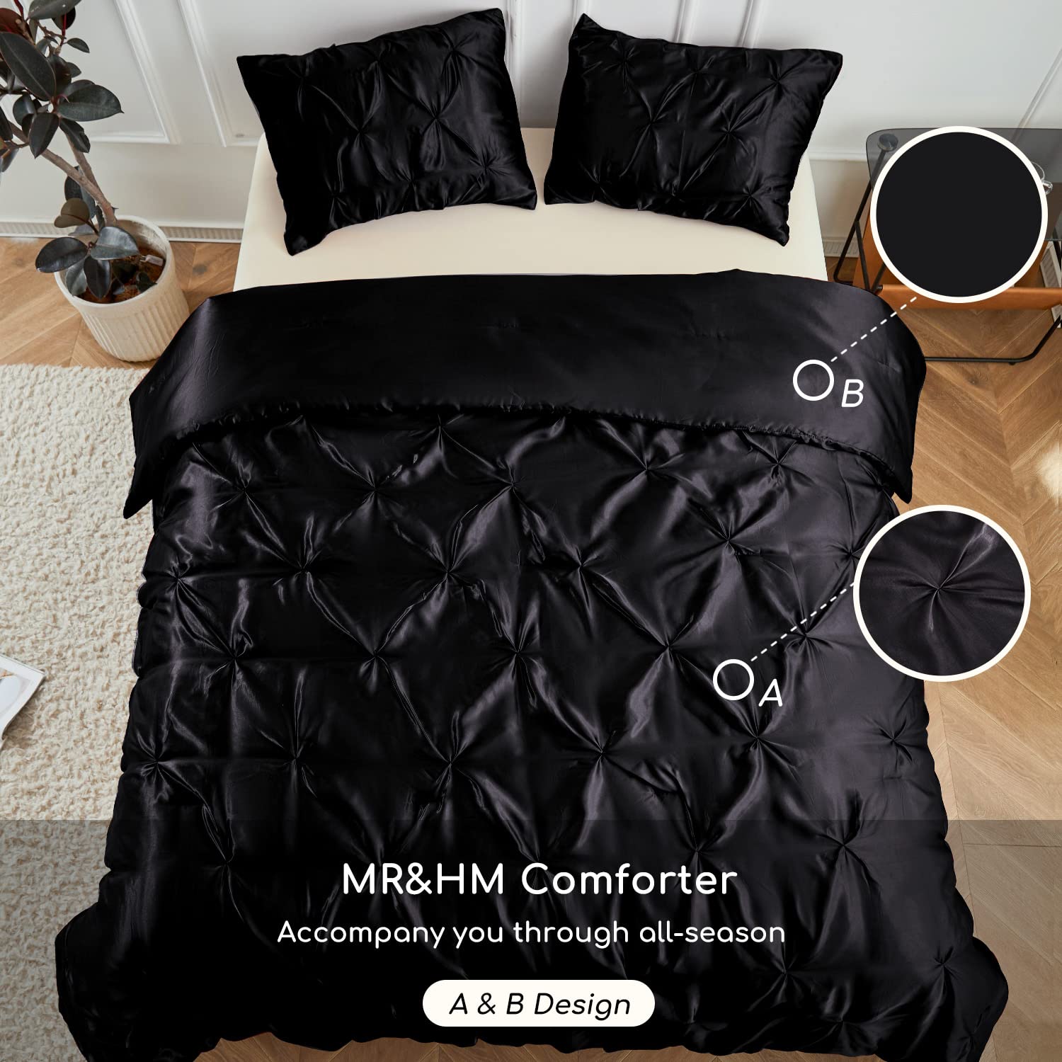 MR&HM Satin Comforter Queen Set 3pcs, Pintuck Beddding Sets with Comforter and 2 Pillow Shams, Soft Fluffy Silky Comforter for All Season (Queen, Black)
