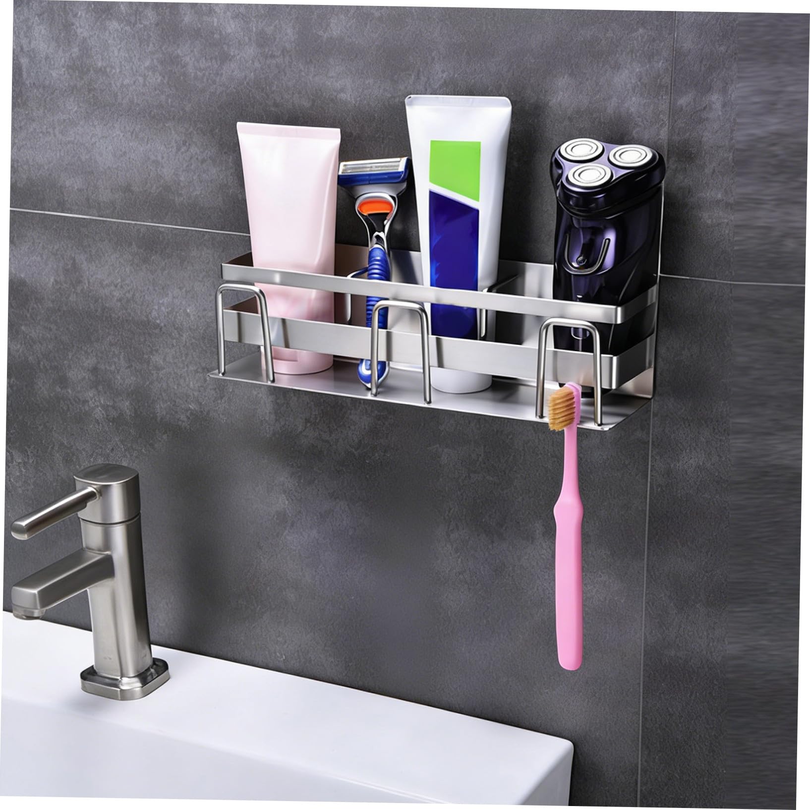 SHOWERORO Portaspazzolino Alto in Acciaio Inossidabile Da Parete Utile Per Riporre Dentifricio Salvaspazio Elegante E Pratico