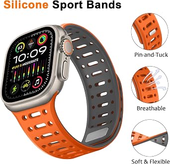 Compatible with Apple Watch Straps 49mm 46mm 45mm 44mm 42mm 41mm 40mm 38mm, Soft Silicone Sport Replacement Strap for iWatch Ultra3-1 SE3-1 Series 11 10 9 8 7-1 (49/46/45/44/42, Orange Gray)