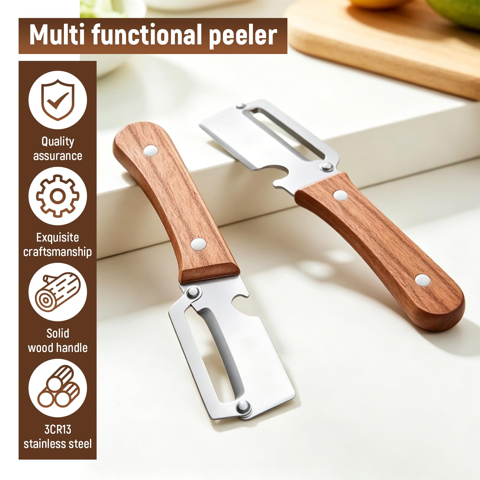 2PC Multi-Functional Vegetable Peeler for Kitchen,Vegetable Peeler Wooden Handle,2-in-1 Stainless Steel Fruit & Vegetable Peelers with Bottle Opener for Potato Pineapple — view 2