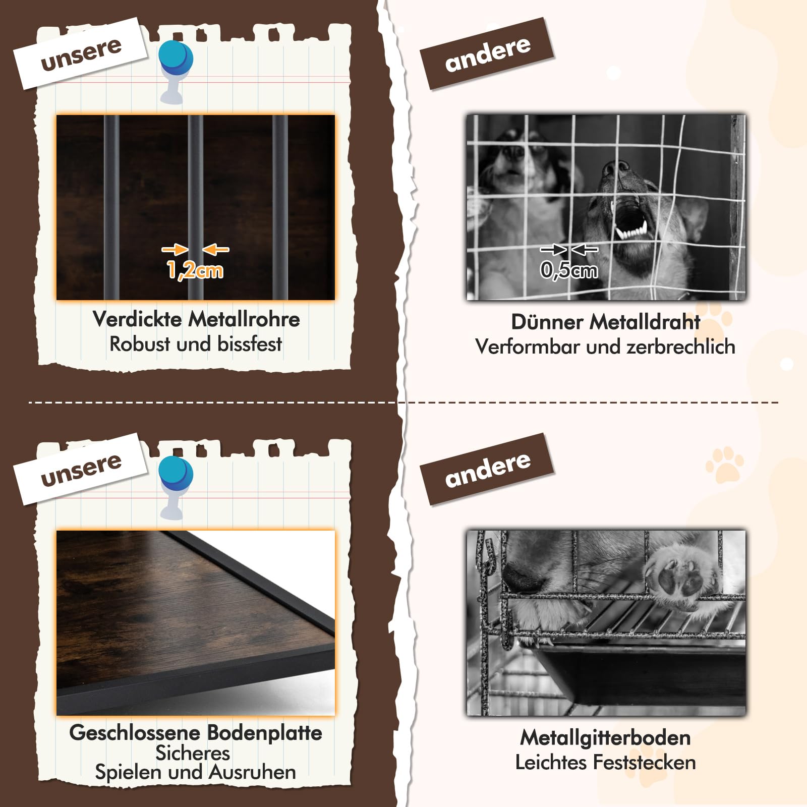COSTWAY Hundekäfig Möbel, Hundebox für zuhause mit DREI Türen, Hundegitterbox Holz Indoor für kleine & mittelgroße Hunde, Beistelltisch aus Holz & Metall, 80 x 60 x 64 cm