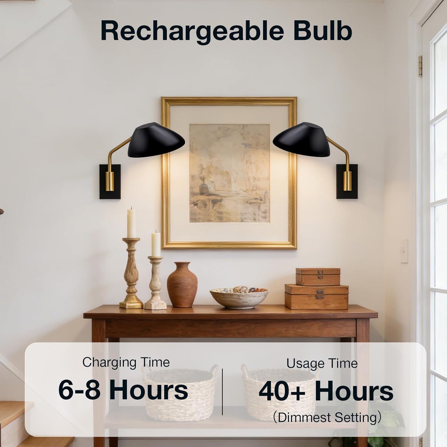 Battery Operated Wall Sconce Set of 2, Rechargeable Wall Sconce with Remote, Stepless Dimmable, 3 Color Temperatures, Modern Black and Gold Wall Lamp for Bedroom Living Room Hallway