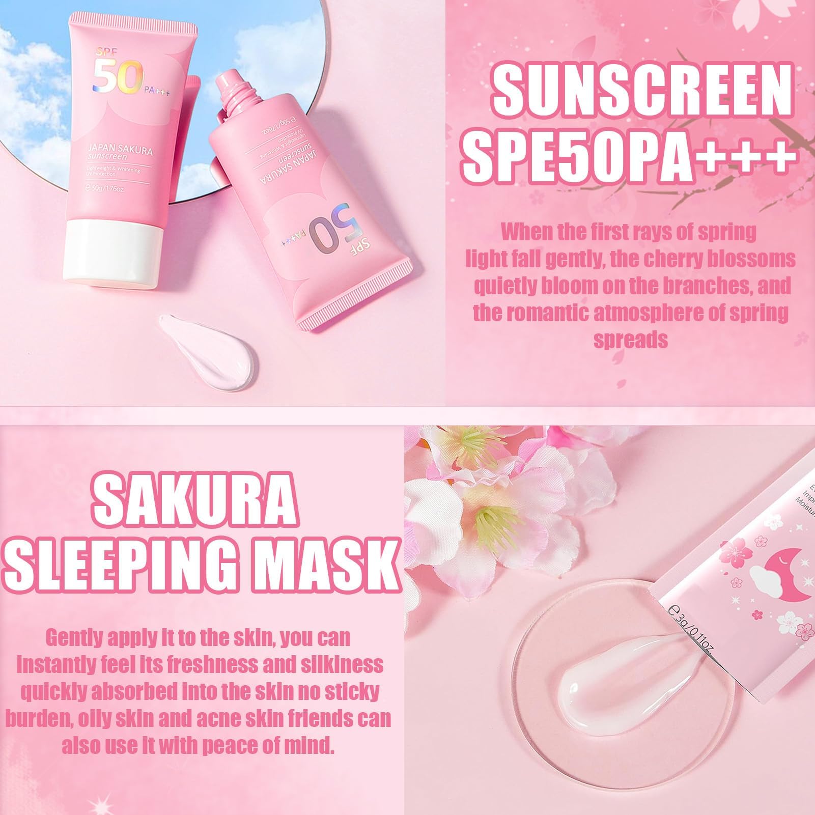 Kit per la Cura della Pelle Sakura 11 Pezzi,Include Fascia skincare, Spazzola per il viso,Pulizia,Crema solare 50,Essenza,Crema,Maschera per la notte (x5),Sakura Skincare Set per Ragazze Donne