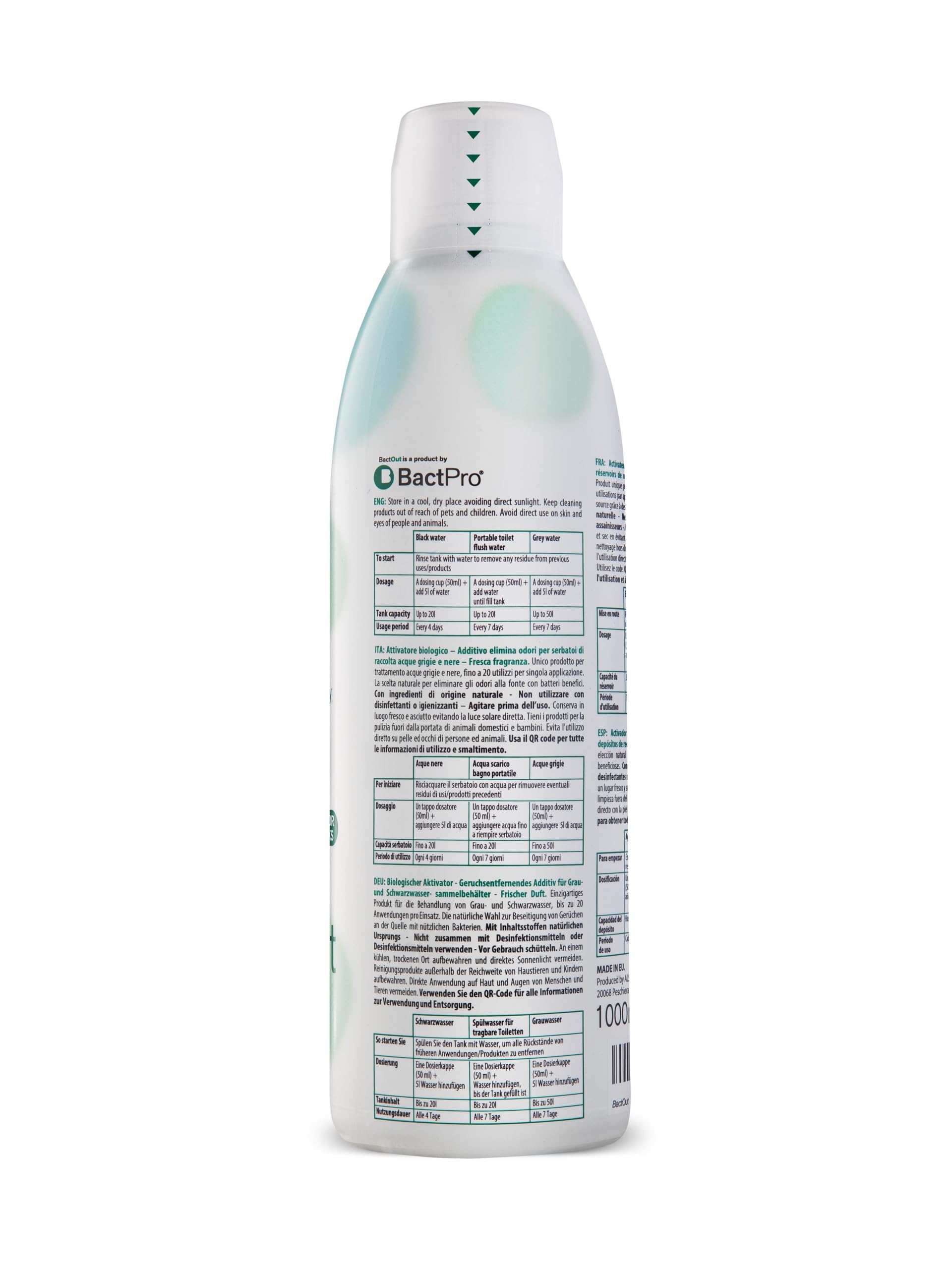 BactPro BactOut Additivo elimina odori per serbatoi acque nere e grigie 1L tappo dosatore
