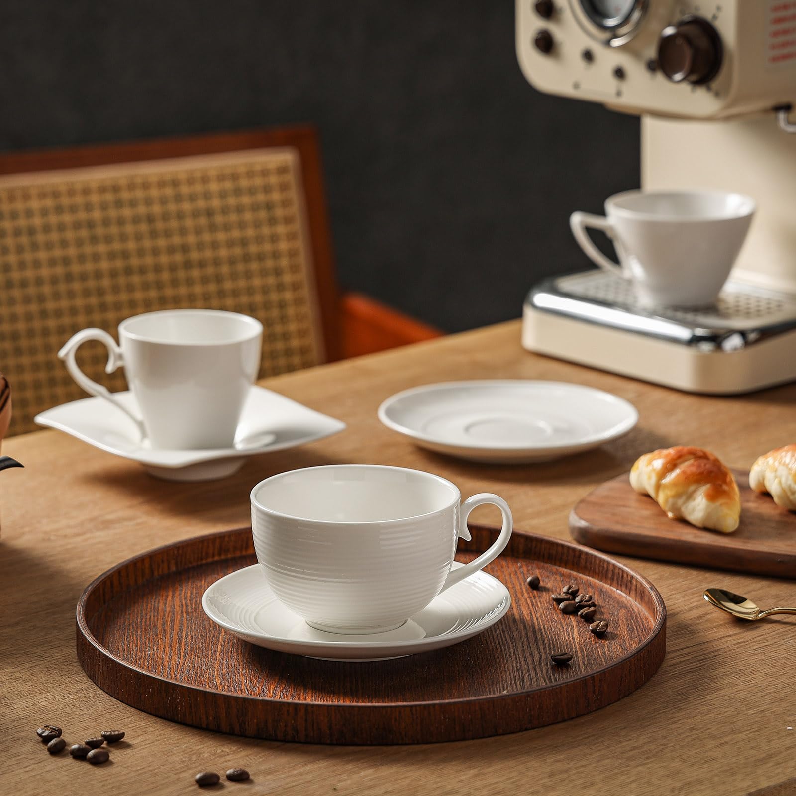 Juego de 4 tazas de café con platillos de 12 onzas, tazas de café de cerámica para capuchino, taza de té, platillo, tazas de café con leche, tazas para cocina, cafetería, microondas,