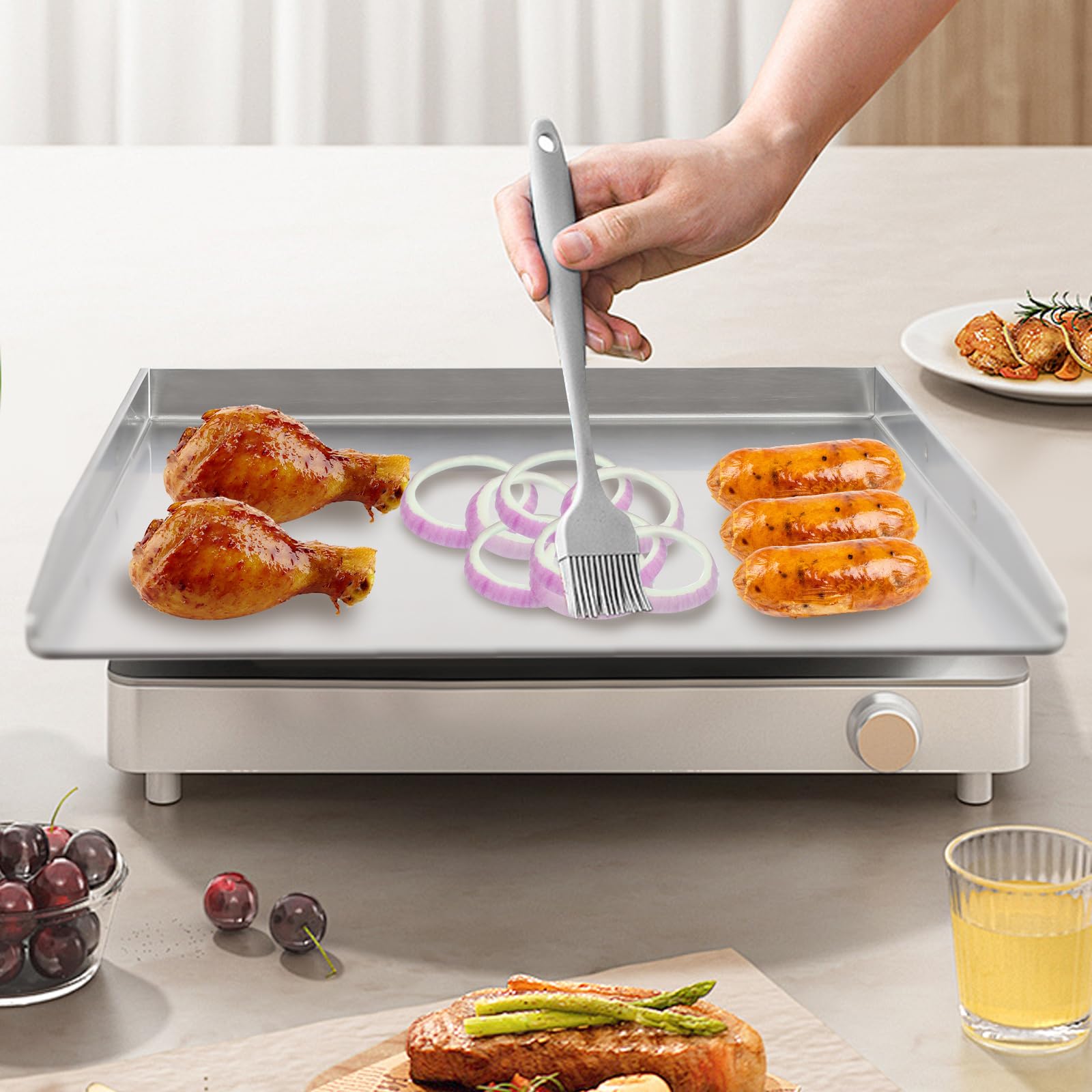 Plancha de acero inoxidable para barbacoa de gas y camping con asas para carne, pescado y verduras (plata, 45 x 30 cm)