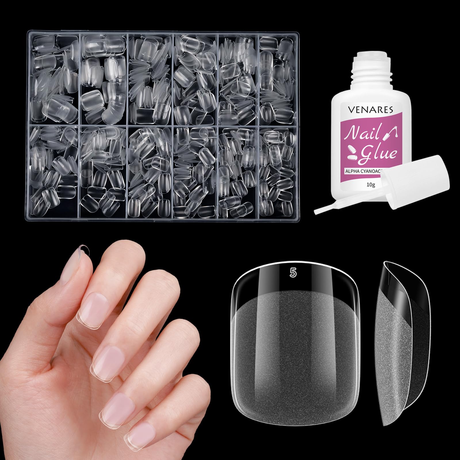 Venares 500 Pcs Short Square Nail Tips for Gel and Acrylic Extensions - 12 Sizes Pre-buffed Clear False Full Cover