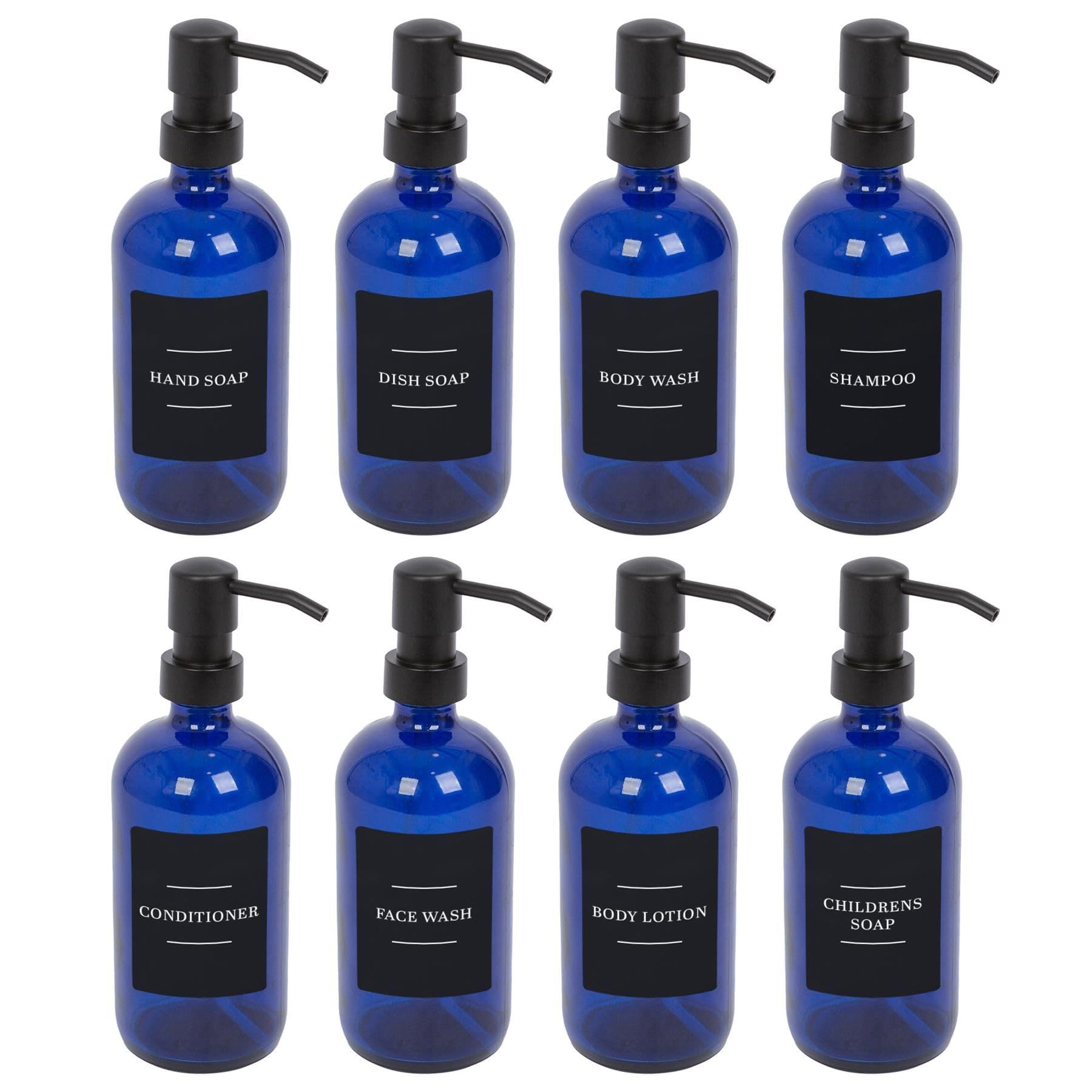 Harbour Housewares Glass Soap Dispensers with Labels Pack of 8-500ml Blue Refillable Bottles with Pumps and Black Labels - Bathroom and Kitchen Accessories for Hand Wash, Lotion or Sanitiser