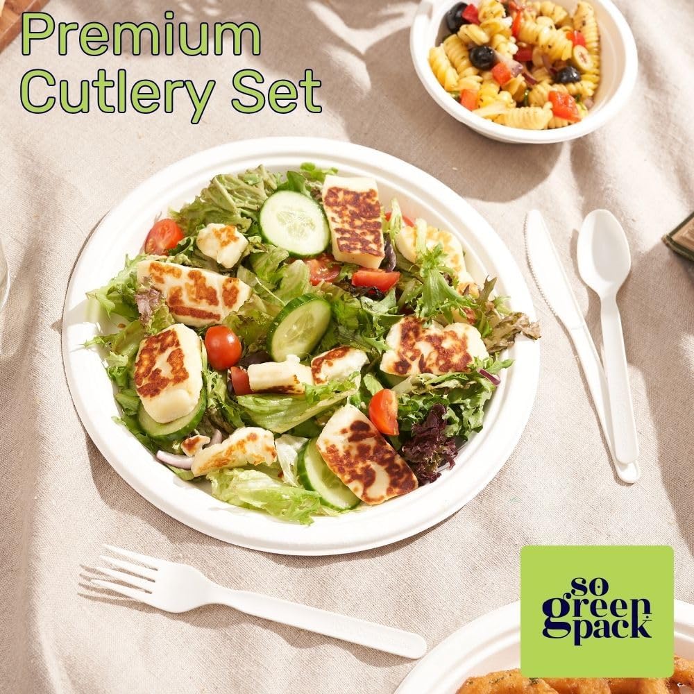 380 Packs Compostable Cutlery Set, 7" Large Size Biodegradable Disposable Silverware Set 180 Forks 100 Spoons 100 Knives, Heavy Duty Bio-based CPLA Utensils for Party, BBQ, Picnic