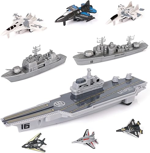 Crelloci Transportador de aviones, barco naval militar con tracción hacia atrás, juguete de combate del ejército, modelo de avión submarino, juego