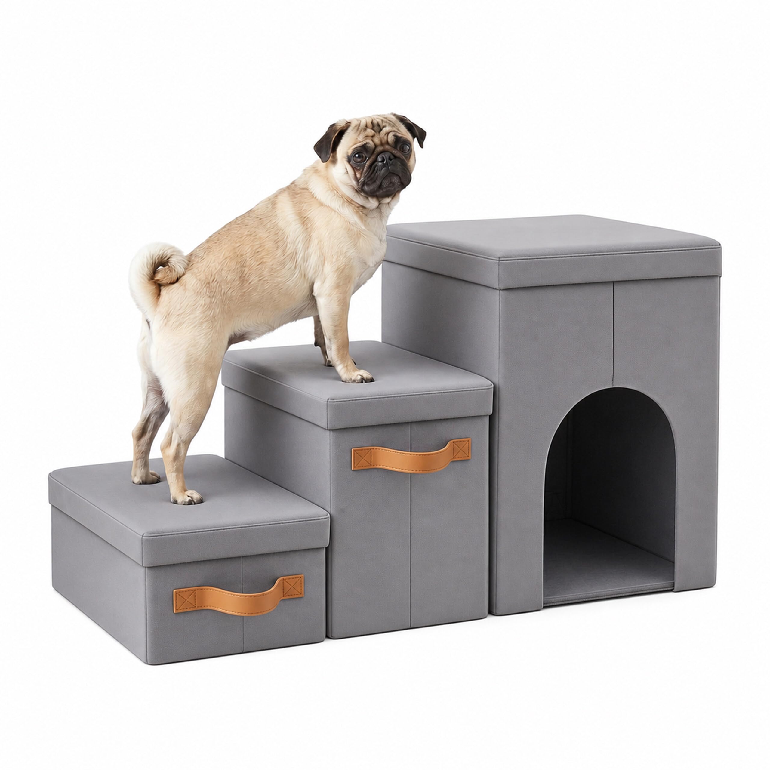 Relaxdays Hundetreppe, 3 Stufen, Höhle & Stauraum, HxBxT: 44,5 x 78 x 33,5 cm, faltbar, Hunderampe Bett & Sofa, grau