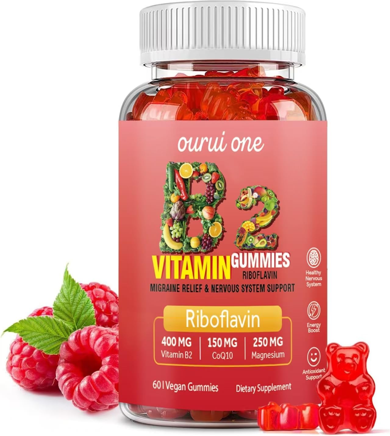 Vitamin B2 Gummies 400mg | Riboflavin 400mg with CoQ10 150mg, Magnesium 200mg | B2 Vitamin 400mg for Kids & Adults, Nervous System & Skin Health | 60 Vegan Chewables（Pack 1
