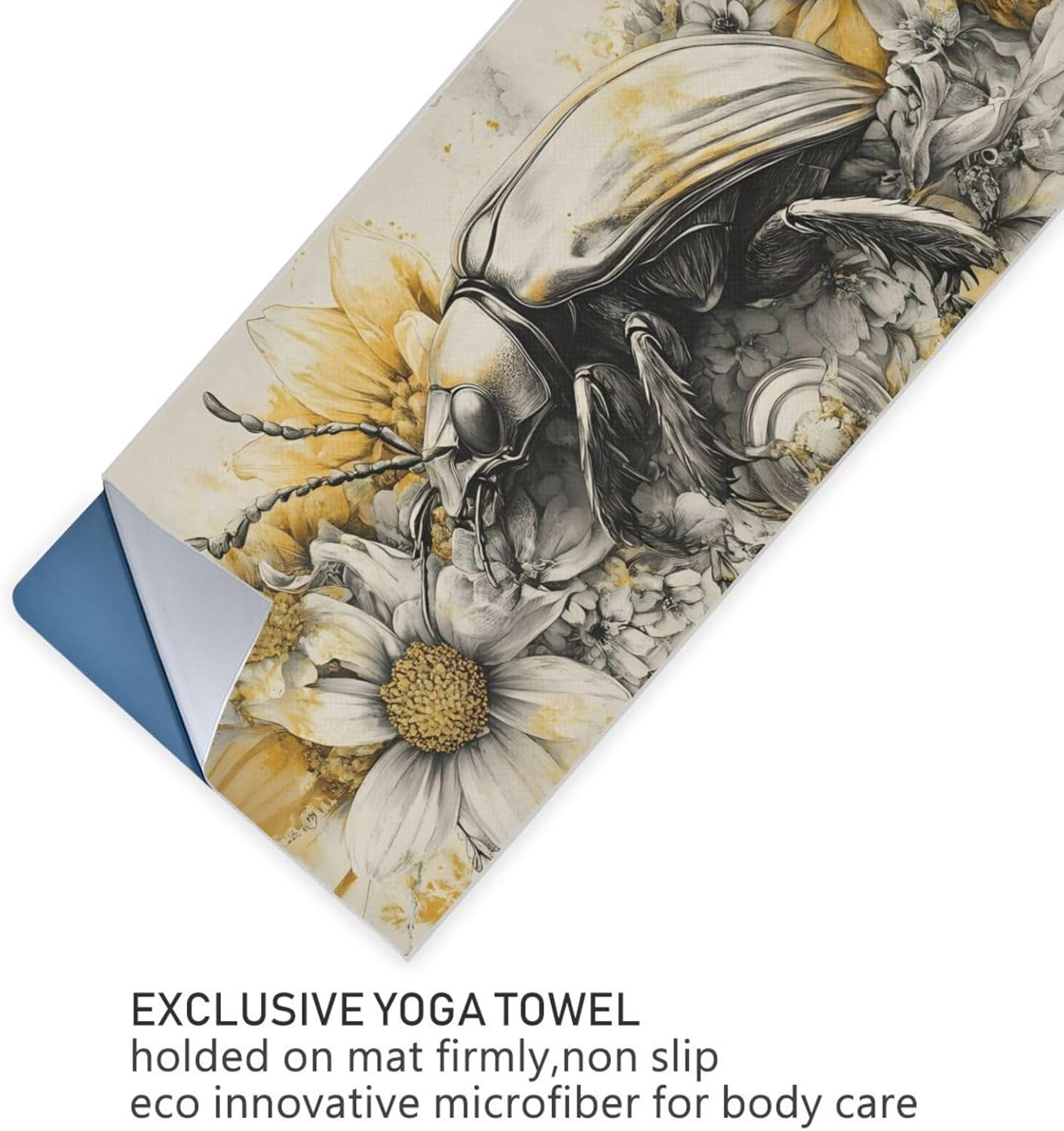 Beetle Floral Hot Yoga Towel – Stylish, Non-Slip, Grip Dots, Super Absorbent, 27" x 73" - Yoga Mat Towels for Exercise, Fitness