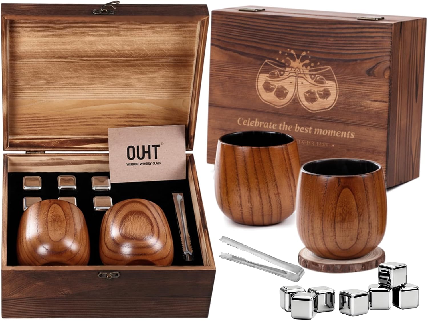 Charred Wooden Bourbon Drinking Glass, Bourbon Gifts for Men, Whiskey Gift Set with Wooden Box, Perfect for Dad,Husband,Friends