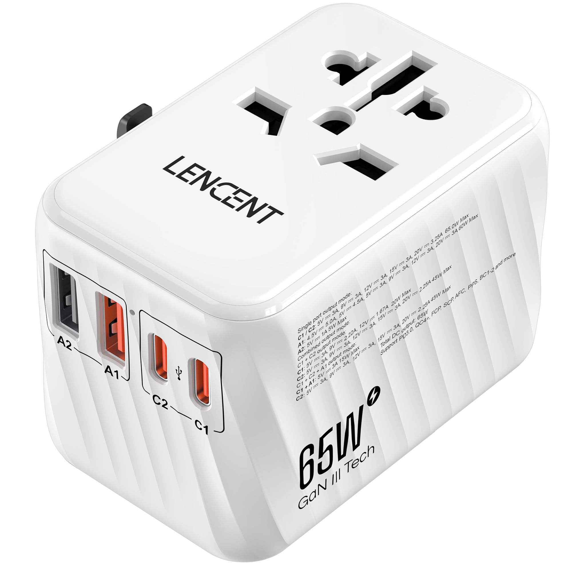 LENCENT Universal Travel Adapter, 65W GaN International Fast Charger with 2 PD3.0 Type C+2 QC4.0 USB A, Worldwide Power Adaptor for Phones,Laptops, All in One Travel Essentials for EU/USA/UK/AU, White