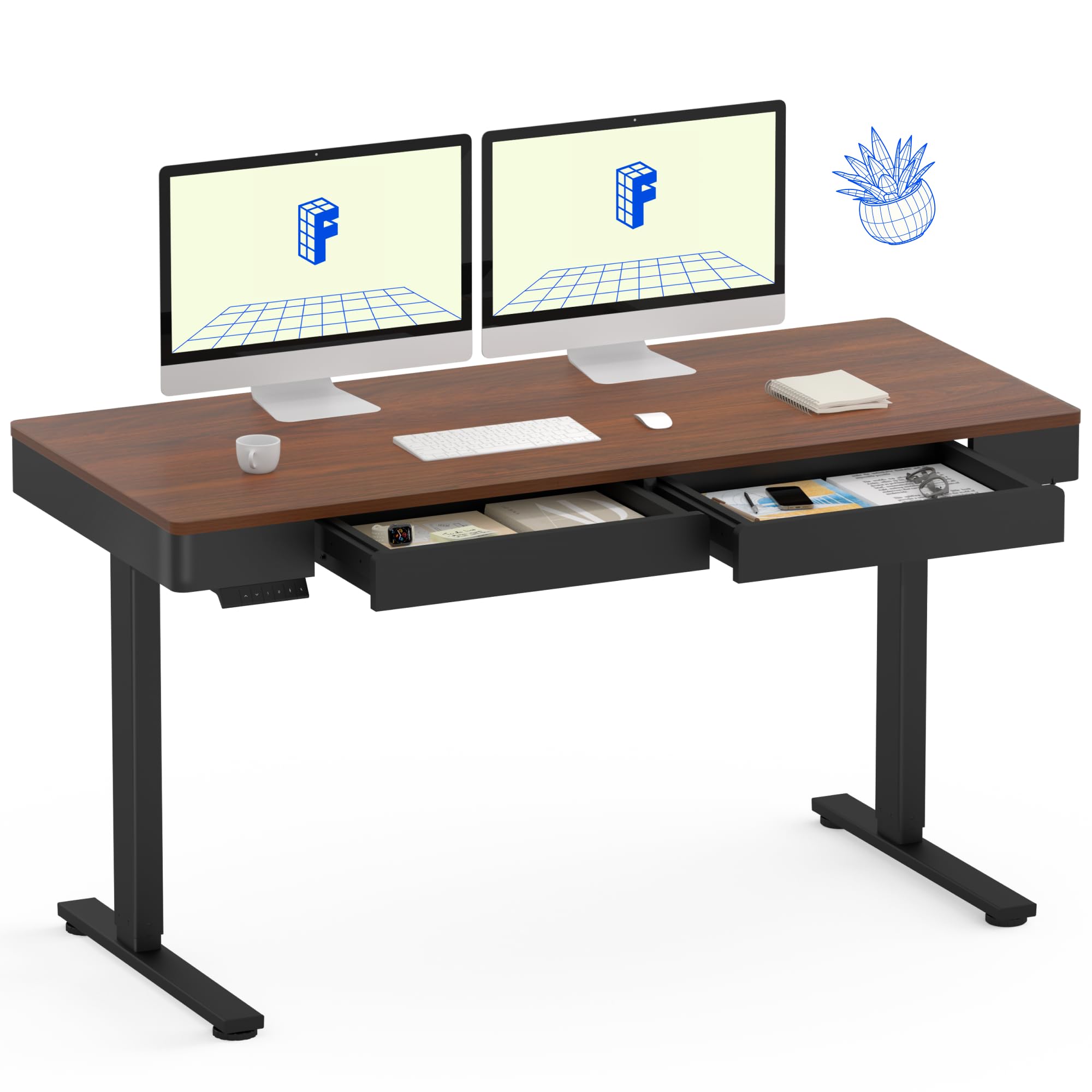 FLEXISPOT Q5 Standing Desk with two monitors and open drawers