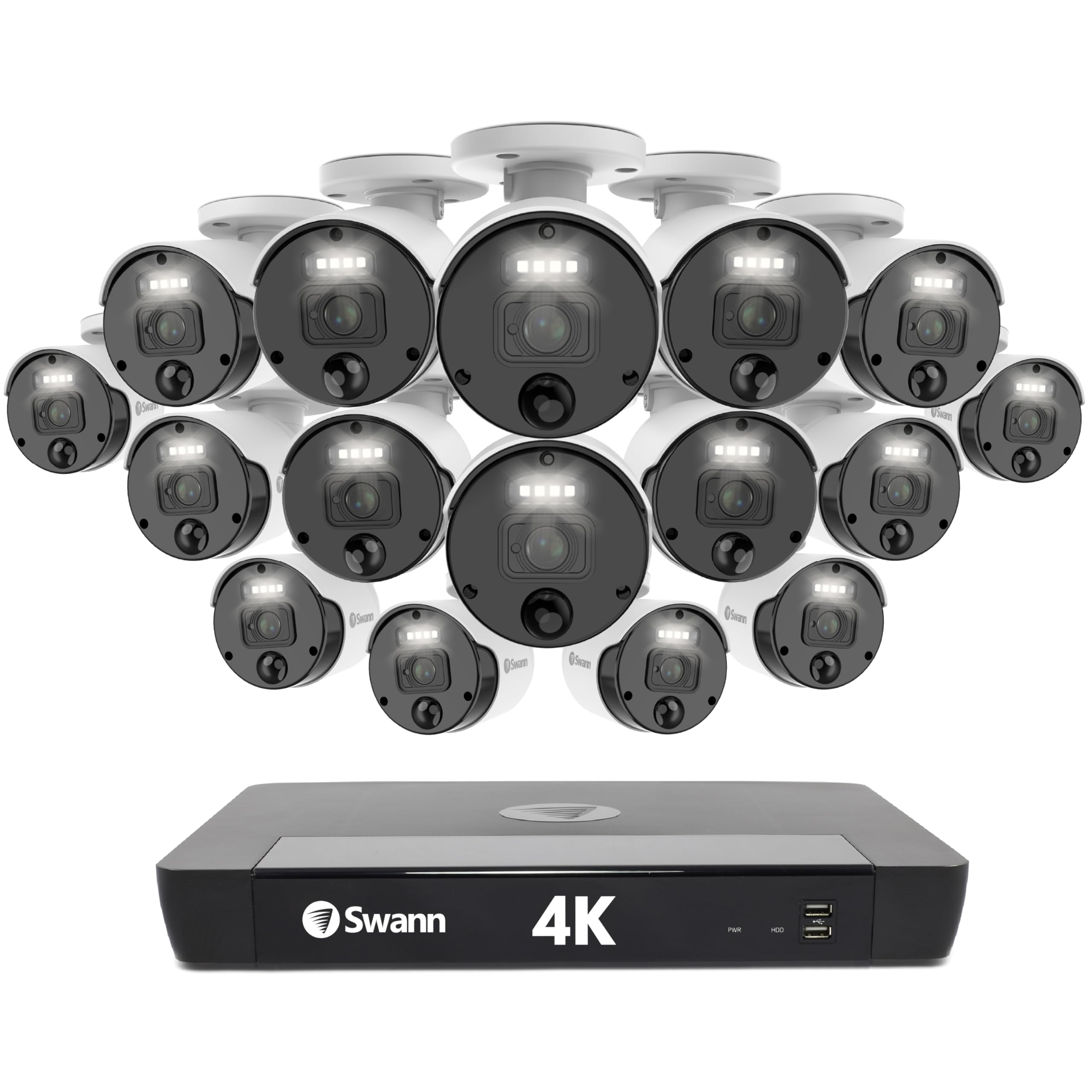 Swann 4K Master Security Camera,16 Channel NVR with 2TB HDD, 16x Bullet IP Cameras, Indoor/Outdoor PoE Wired, 24/7 Home Surveillance, Color Night Vision, True Detect, Spotlights, 1676816