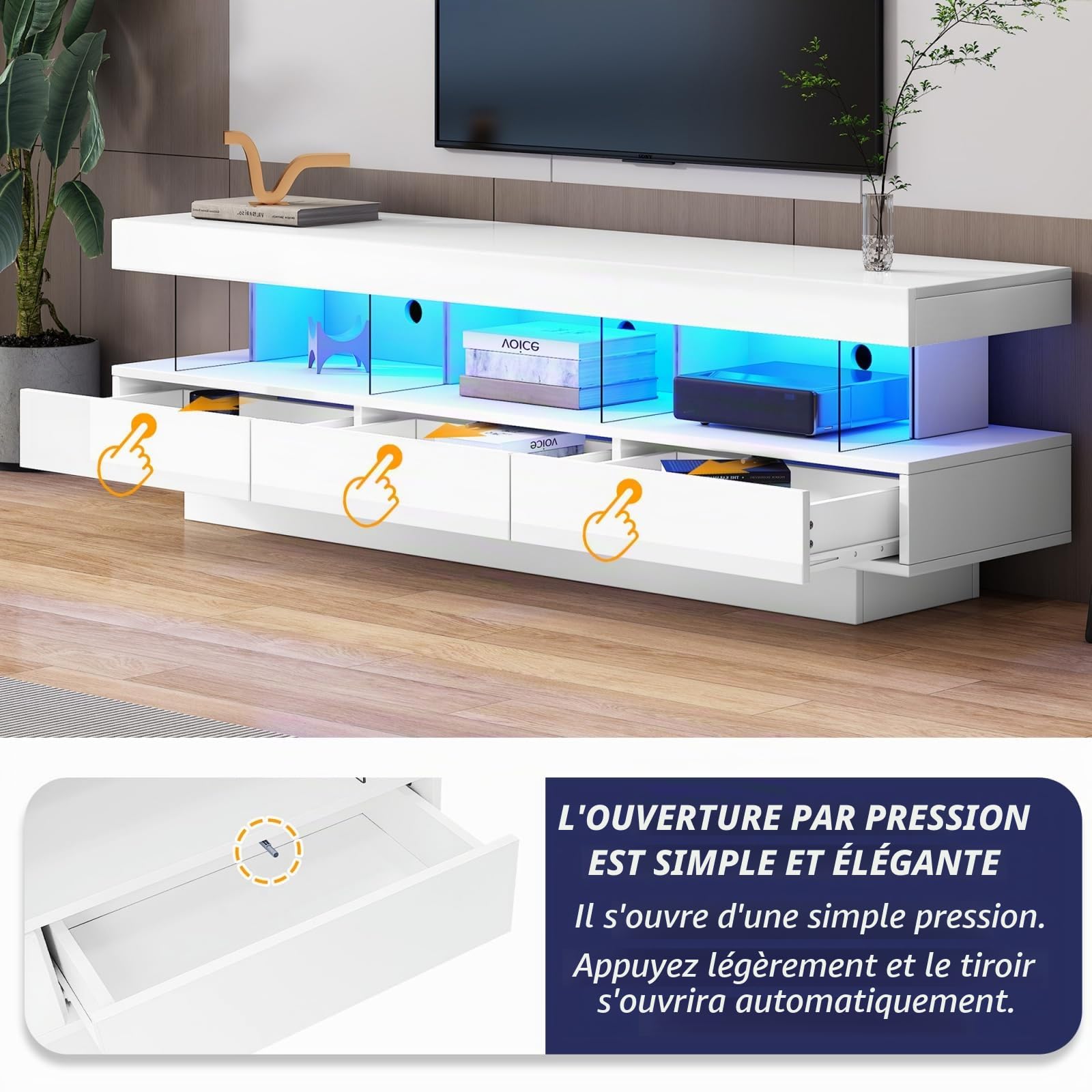 YEHTOKHOME Meuble TV LED 160 cm, Meuble TV avec 3 Tiroir, 3 Étagères en Verre, LED RGB Contrôlable par App Bluetooth, Supporte Télé 70 Pouces, Style Moderne pour Salon (Blanc-1)