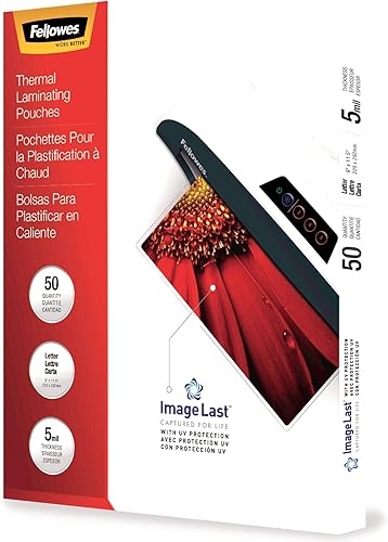 Fellowes Bolsas de laminación térmica, ImageLast, sin atascos, tamaño carta, 5 mil, paquete de 50 (5204002)