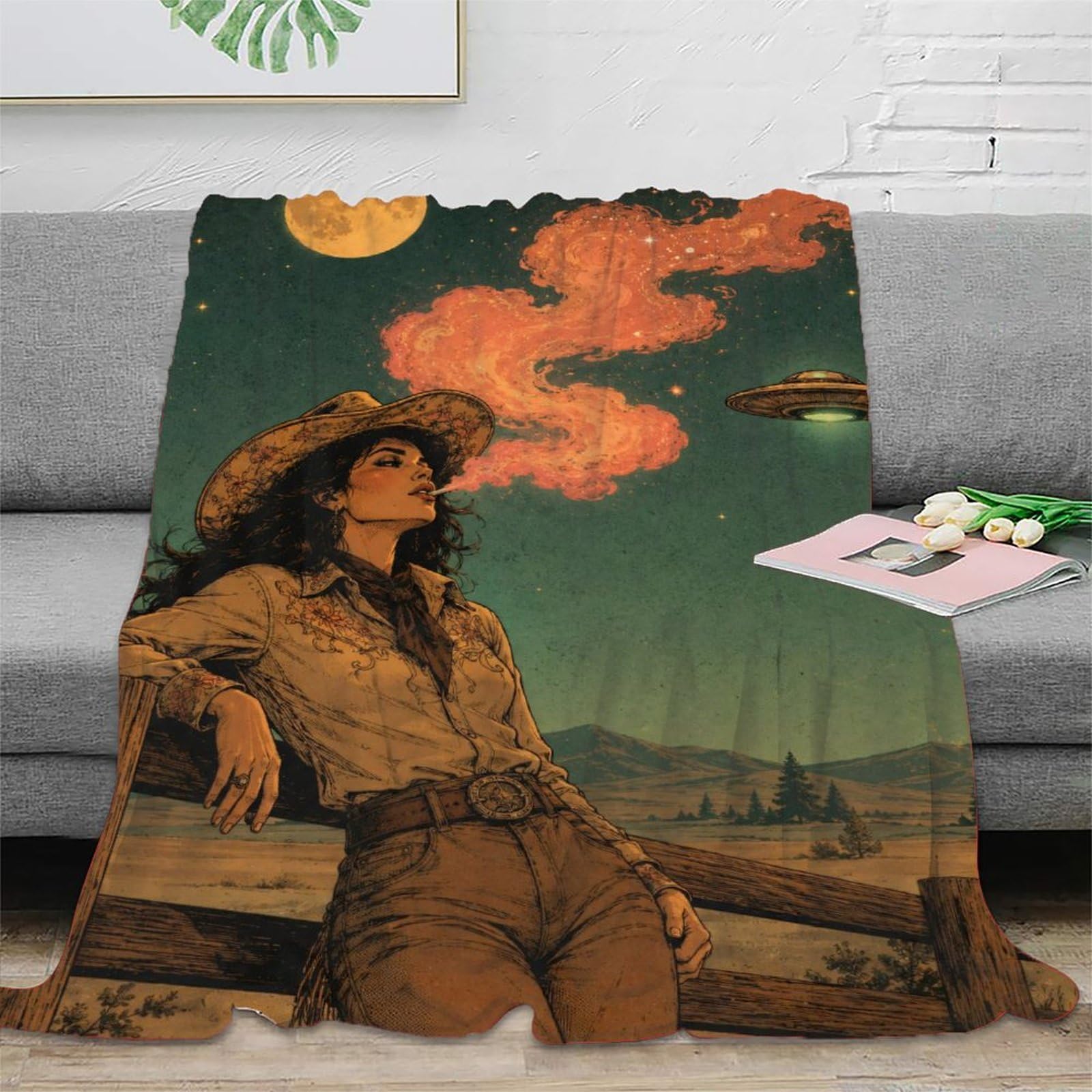 H3B8U2Y5 UFO Cowgirl Western Moon Throw Blanket, Flannel, Retro Cosmic Art