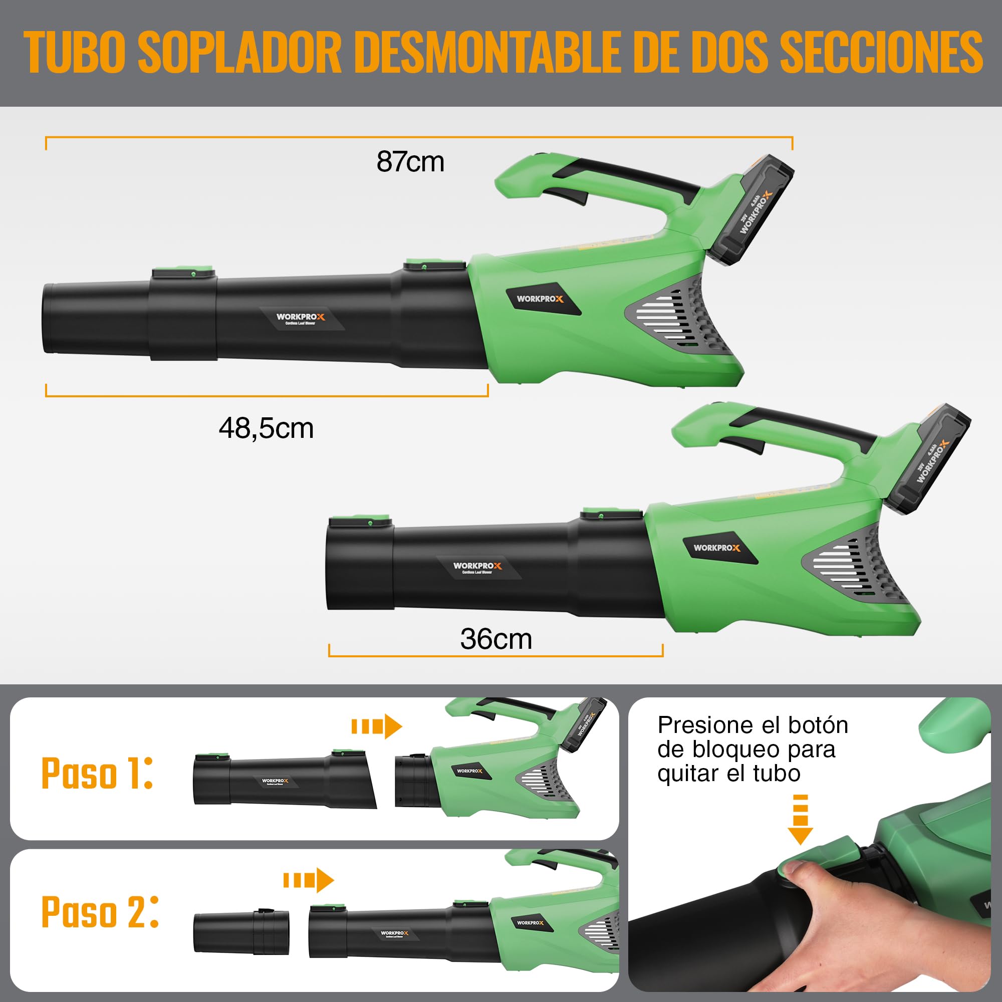 WORKPROX Soplador de Hojas, 20V Soplador de Hojas Bateria, con Flujo de Aire Potente 144KM/H, Capacidad 850 M³/H, Control de 5 Velocidad, Sopladora para Jardineria | con Flujo de Aire Potente 144KM/H, Capacidad 850 M³/H, Control de 5 Velocidad, Sopladora