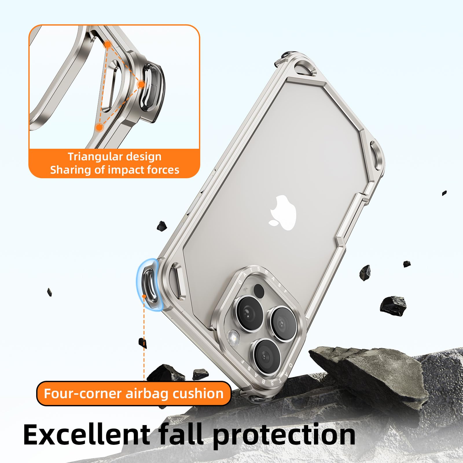 Custodia antiurto per iPhone 16 Pro Max, in alluminio sottile e sottile, senza design posteriore, con MagSafe, 4 airbag angolari antiurto, senza cornice, per iPhone 16 Pro Max (argento)