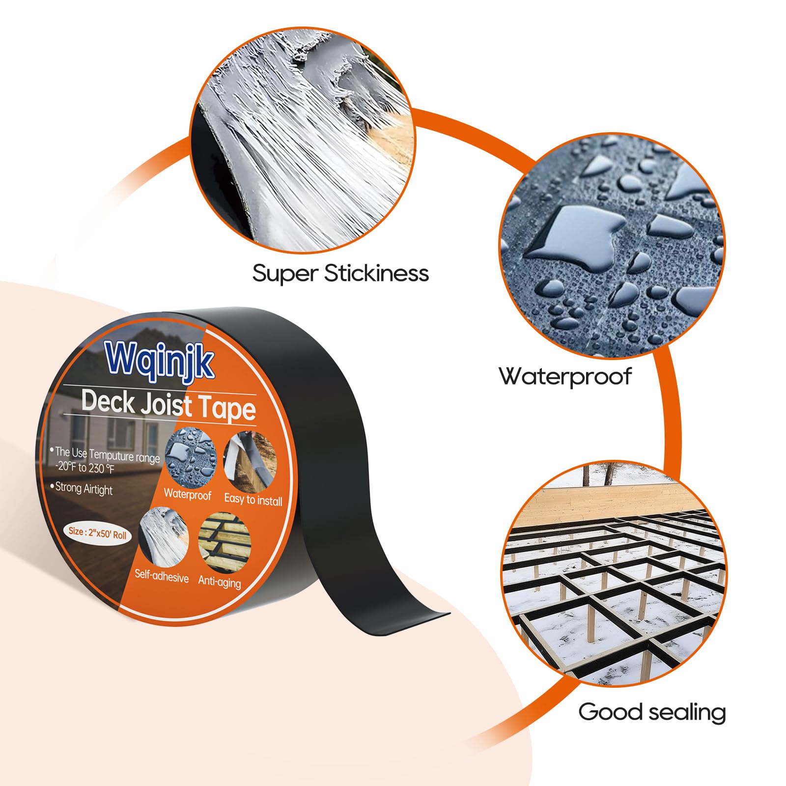 Cinta de vigueta de cubierta de 2 x 50 pies, cinta de butilo para terrazas y vigas, resistente a la intemperie, impermeable (10)