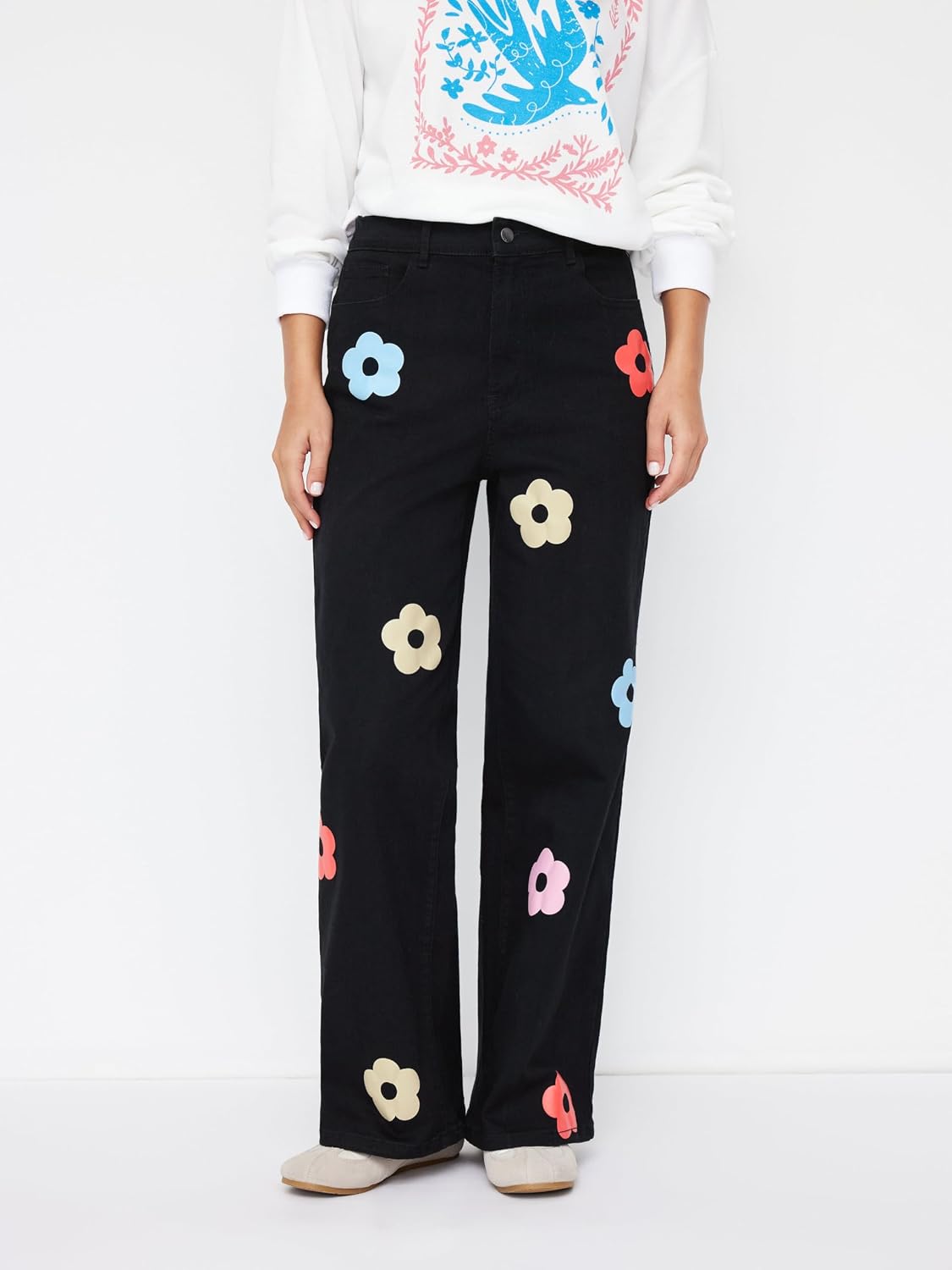 CIDER Floral Print Straight Wide Leg Jean Stretch Denim Pants for Women image 5