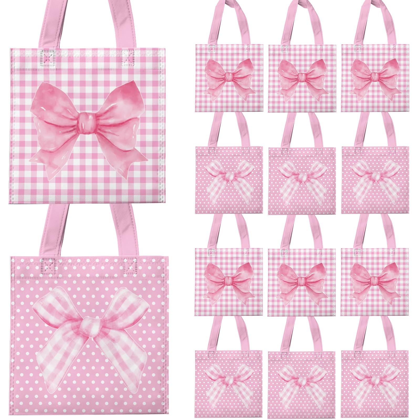 VDESFUEBY 20 Pcs Coquette Pink Bow Favor Bags, Candy Goodie Gift Non-woven Bags, Reusable for Pink Bridal Engagement Party Supplies