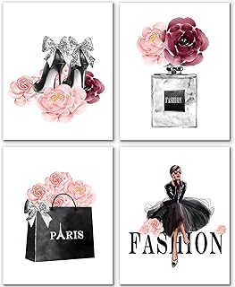 JINYO Fashion Women Wall Art Prints Set of 4, Pink and Black Bathroom De...