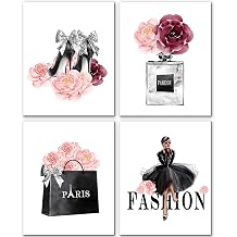 JINYO Fashion Women Wall Art Prints Set of 4, Pink and Black Bathroom Decor, Trendy Pink Flower High Heel Perfume Handbag Posters Pictures Wall Decor for Girls Bathroom Home, 8x10 Unframed