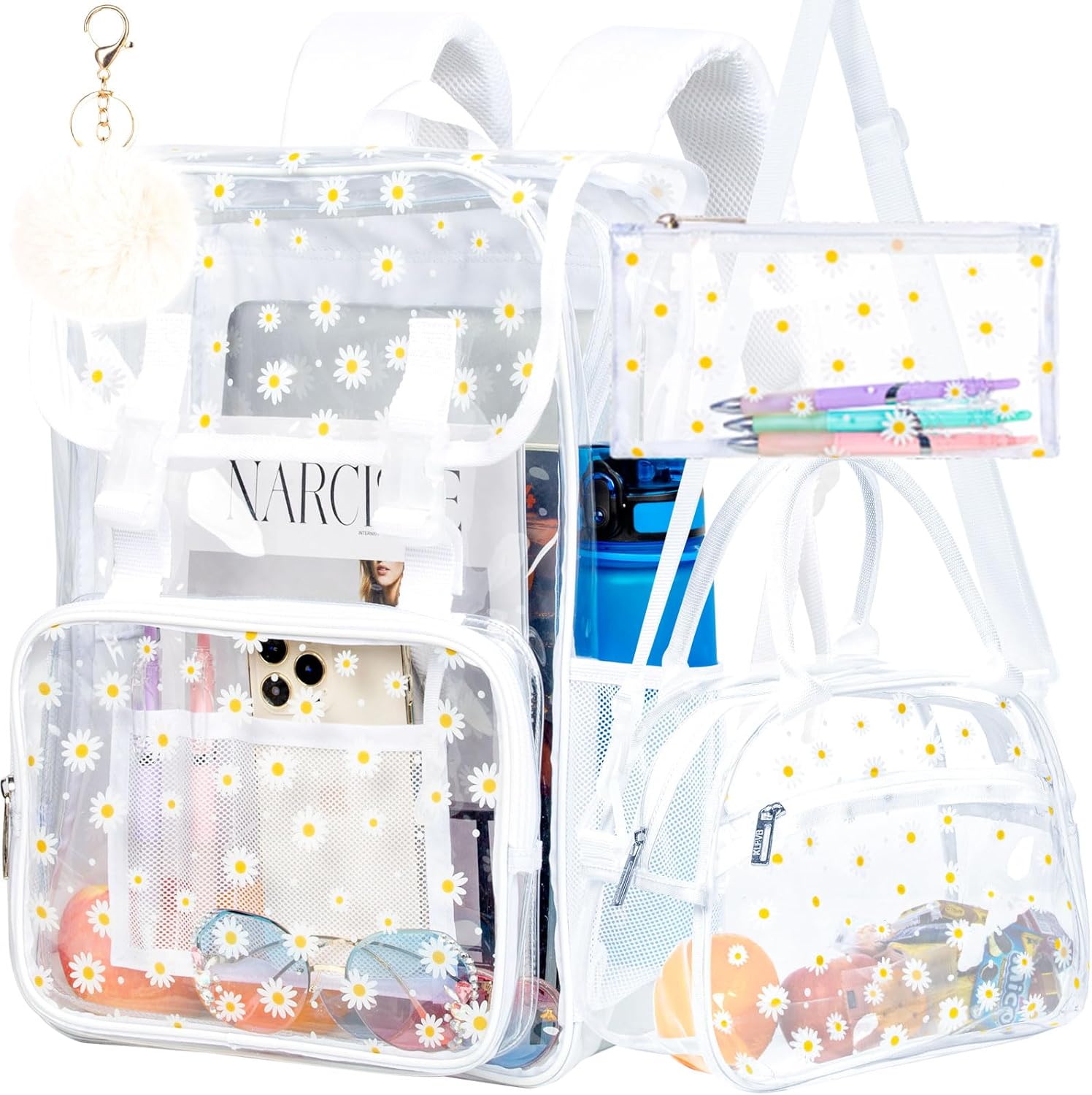 3PCS Clear Backpack, Heavy Duty Transparent Bookbag for Girls Women, Stadium Approved See Through Backpack Set (White Daisy)