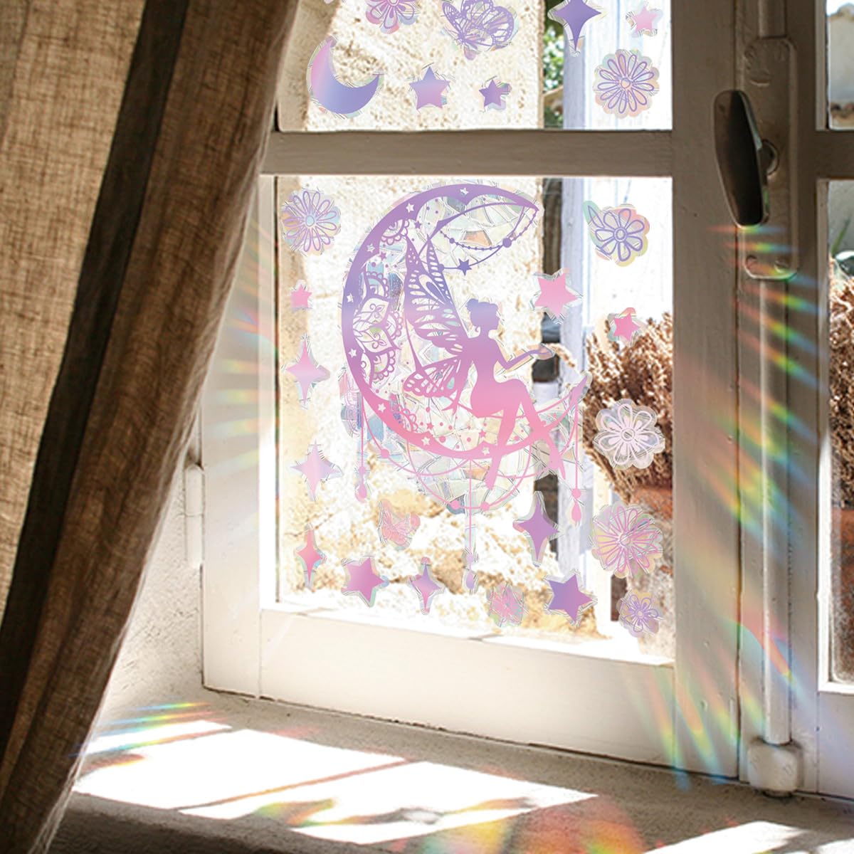 Pegatinas de Apegado Estático de Hada en Dibujos Animados Rosa Luna y Estrella Pegatinas Eléctricas para Ventanas Eliminables para Dormitorios y Salones de Niñas