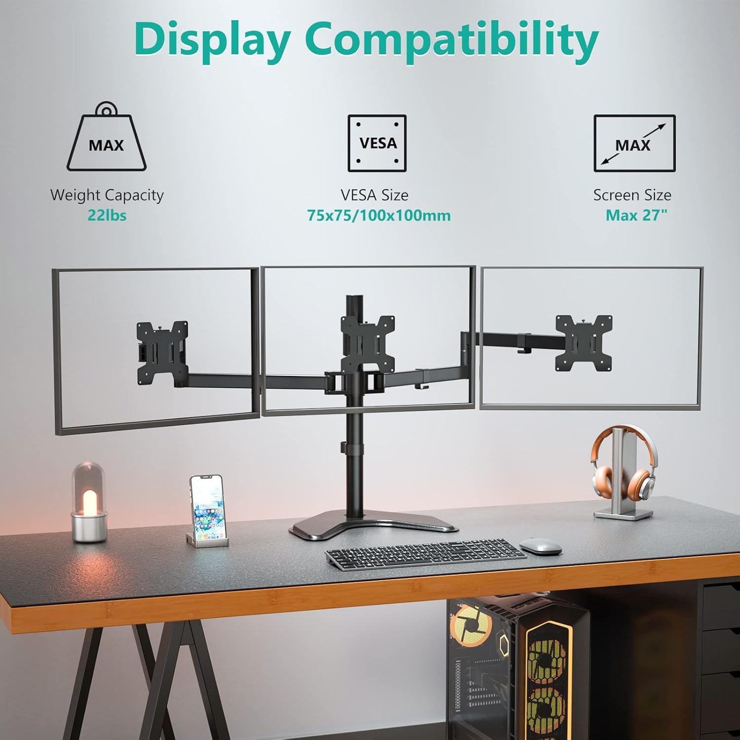 WALI Supporto Per Triplo Monitor Da Tavolo – Regolabile In Altezza – Per Schermi Fino A 27 Pollici – 10 Kg Per Braccio – Nero