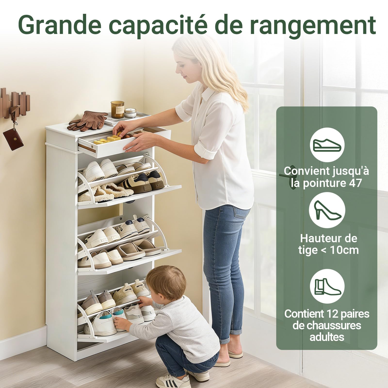 SoBuy Meuble Chaussure Rangement Chaussure 3 Abattants, Armoire à Chaussures Entrée, Meuble à Chaussures Range Chaussures 12 Paires pour Couloir Entrée 53x24x120cm Effet Bois Vieilli Blanc FSR94-WG