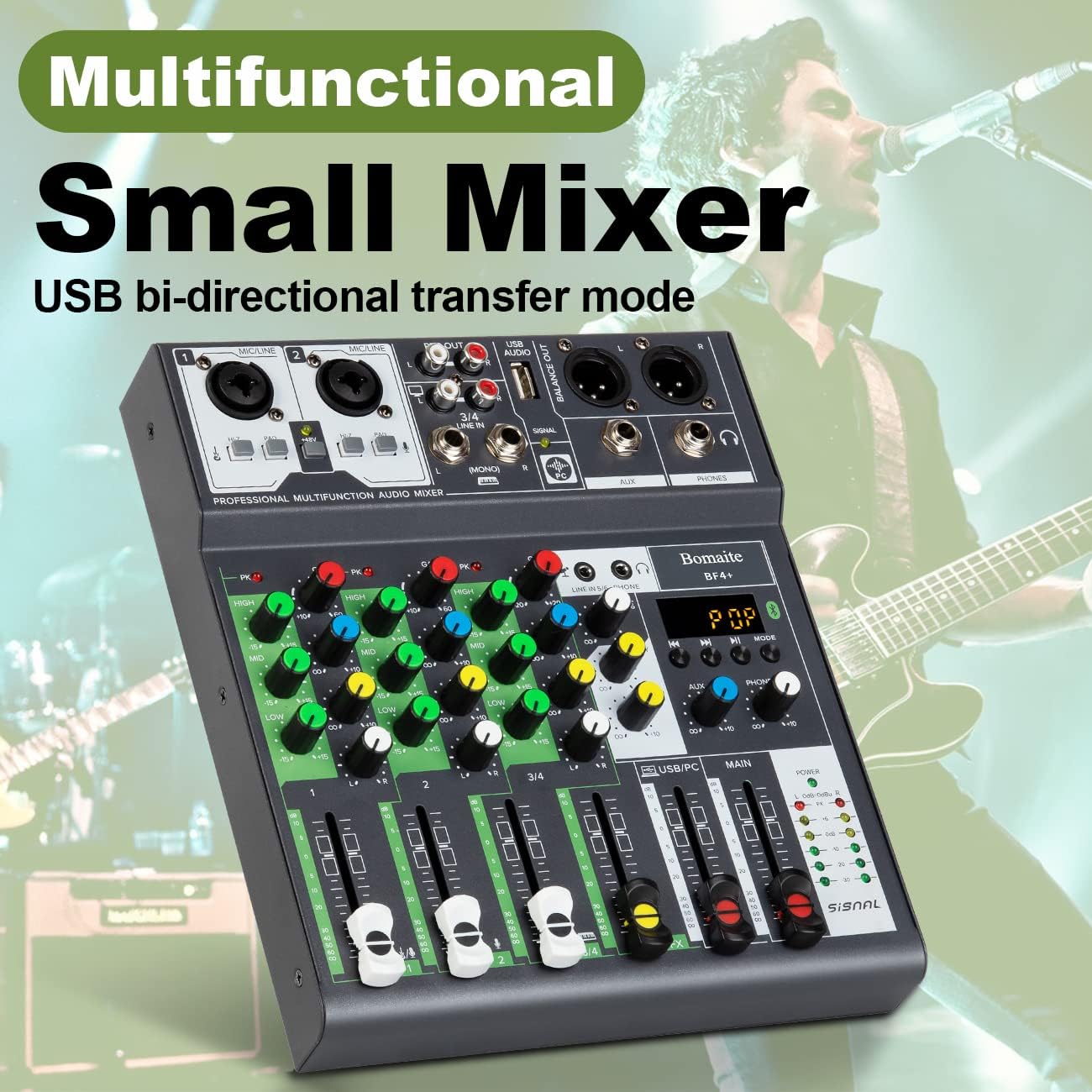 BF4+ Mini audio DJ mixer Sound Board Console System,4 Channel 48V Phantom Power with Bluetooth USB MP3 Stereo live DJ Studio Streaming for professional computer recording party KTV stage